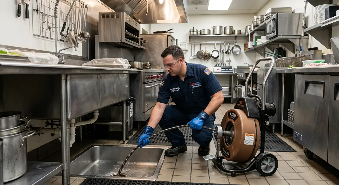 Commercial drain cleaning service in a restaurant kitchen in Clayton
