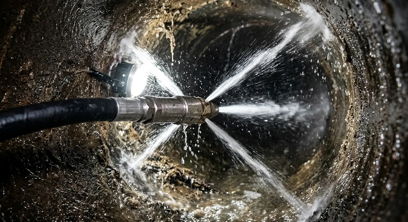 High-pressure hydro jetting nozzle cleaning sewer pipe for Sewer Cleanout in Clayton